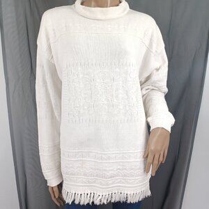 INTERIM Long Sweater LS Roll Neck Folk Pattern Fringe Hem Tunic M